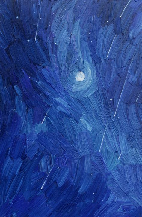Starry Night, Sky Oil Painting, Moon, Meteor Shower, Milky Way Impasto ...