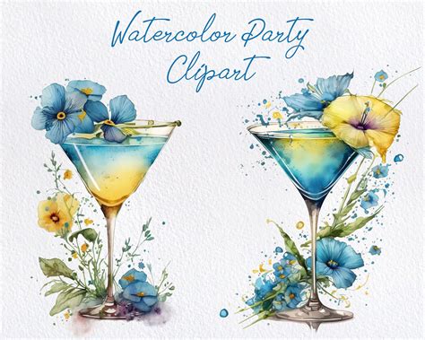 Watercolor Cocktail Glasses, Watercolor Champagne Glass With Blue ...