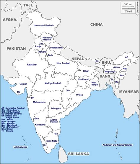 India : free map, free blank map, free outline map, free base map : boundaries, states, names ...
