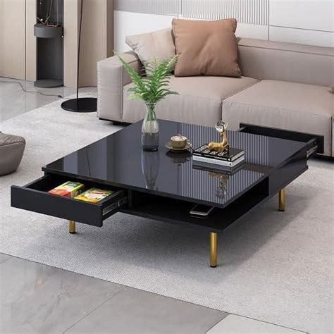 QYFZBIM Modern Square for Living Room 2-Tier High Gloss Coffee Table with 4 Golden Legs and 2 ...