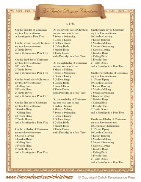 12 Days Of Christmas Lyrics Printable Pdf