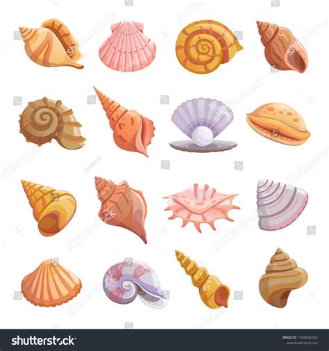 Sea shell beach icons set. Cartoon illustration of 16 Sea shell beach ...