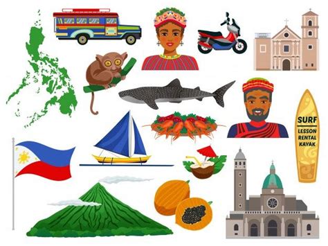 Free Vector | Philippines set of travel icons with animals landmarks ...