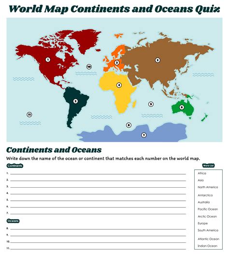 Map Of Continents And Oceans Printable Pdf