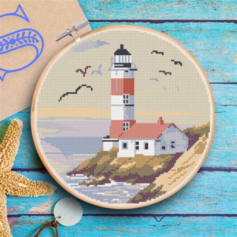 Coastal Lighthouse Cross Stitch Painting, Nautical Ocean Scenery ...