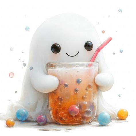 12 Cute Ghost and Bubble Tea Clipart Watercolor Kawaii Ghost Nursery ...