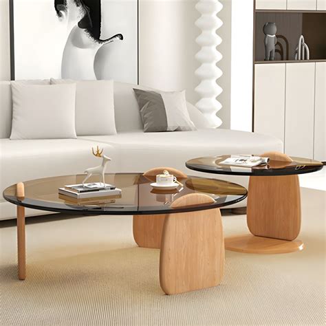Clear Round Glass Coffee Table with Three-Leg Wood Base and Modern ...