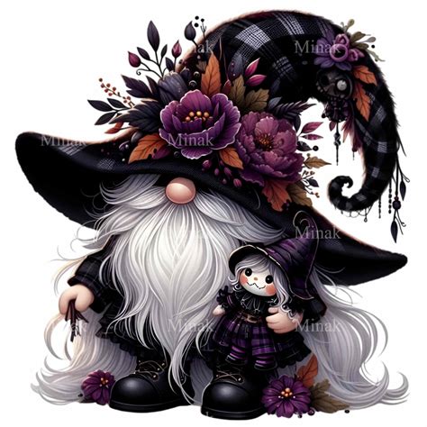 Purple Halloween Gnome Clipart With Flowers and Witch Hat, 12 Digital ...