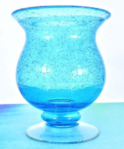 Murano Style Hand Blown Aqua Blue Controlled Bubbles Art Glass Vase 6 ...