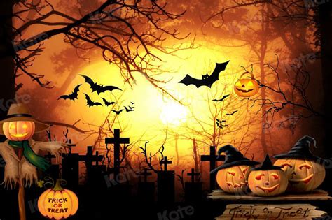 Kate Halloween Cemetery Bats Pumpkin Backdrop for Photography