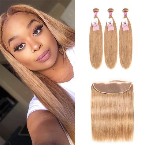 Color 27 Honey Blonde Straight Hair 3 Bundles And 13x4 Lace Frontal ...