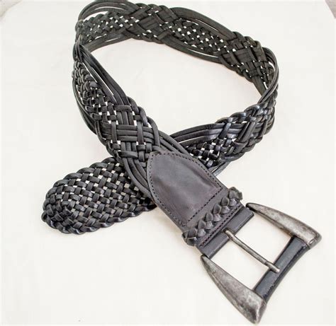 Free Ship Wide Braided Genuine Leather Black Belt Large Buckle