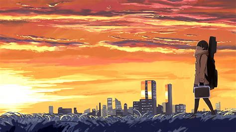 HD wallpaper: anime TV still, landscape, city, Japan, sunset, sky, orange color | Wallpaper Flare