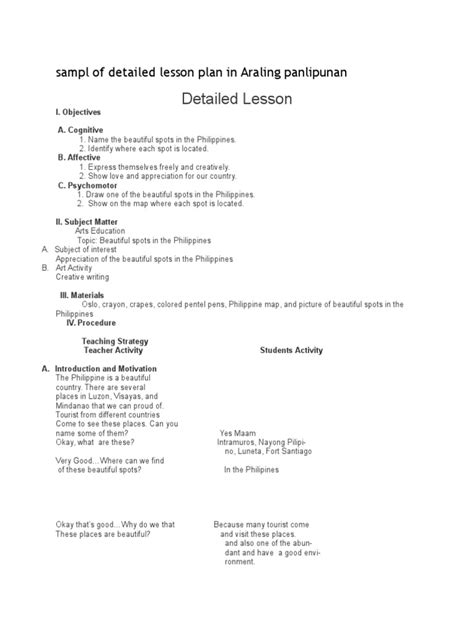 Sampl of Detailed Lesson Plan in Araling Panlipunan | Lesson Plan ...