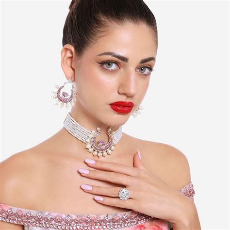 Buy Zaveri Pearls Pink Lotus Multistrand Beaded Crescent Necklace Earrings Ring Online
