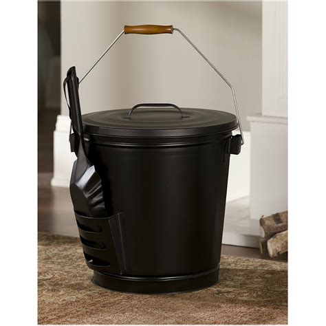 Fireplace Ash Bucket w/ Shovel Metal Pail Lid Wood Stove Coal Pellet ...