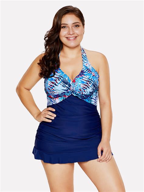 Plus Palm Print Swim Dress Set -SheIn(Sheinside)