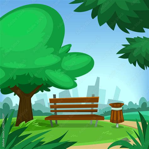 vector cartoon green beautiful spring city town park with bench trash ...