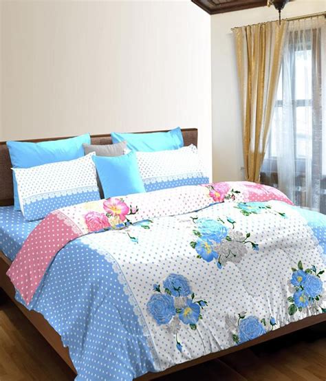 Portico New York White And Blue Floral Cotton Double Bedsheet With 2 ...