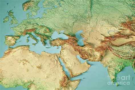 Europe India Middle East 3D Render Topographic Map Color Digital Art by Frank Ramspott - Pixels ...