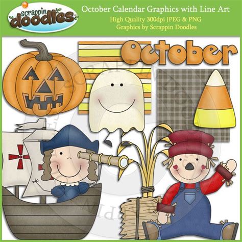 October Calendar Clip Art with Line Art Download