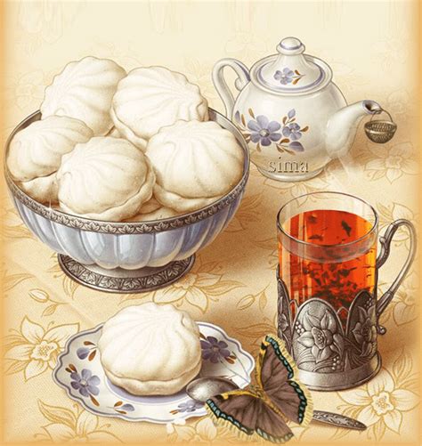 a painting of tea and pastries on a table