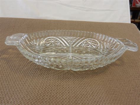 Vintage Glass Divided Relish Tray Oblong, Handles Scalloped Edges - Vintage