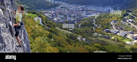 woman climbing over Moutiers village in Savoy, France, Savoie, Moutiers ...