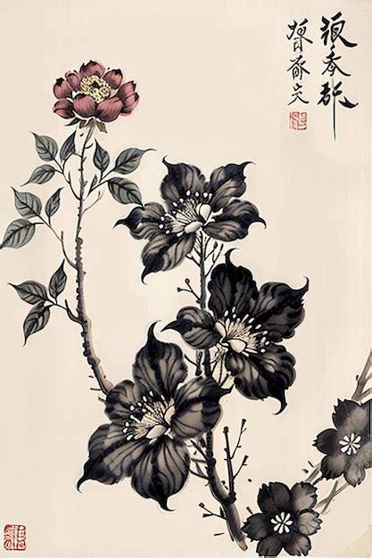 Premium AI Image | Chinese Watercolor Ink Style Ancient Flower Painting ...