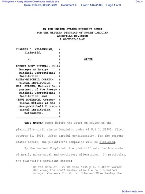 Willingham v. Avery Mitchell Correctional Institute Et Al - Document No ...