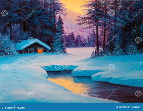 Tiny house in a winter night forest hand painting, winter pines ...