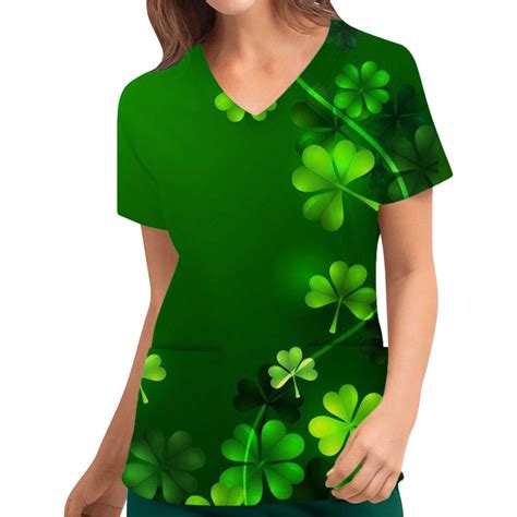 Print Nurse Uniforms for Women, St. Patrick's Day Scrub_Tops Breathable Short Sleeve V-Neck ...