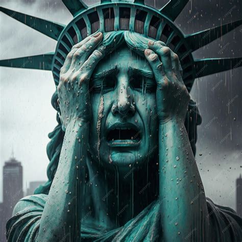 Premium Photo | A statue of liberty crying in the rain