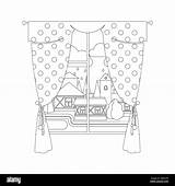 Coloring Page Design With window curtain And Rainy City Landscape  sketch template