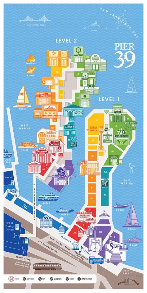 A PIER 39 Map infographic showing various attractions, stores, restaurants and things t… in 2020 ...