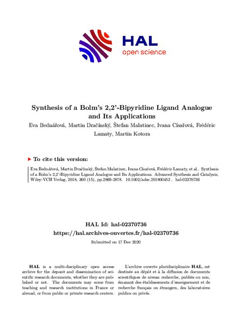 (PDF) Synthesis of a Bolm's 2,2′-Bipyridine Ligand Analogue and Its Applications | Martin Kotora ...