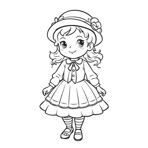 Cute Little Girl Wearing A Hat And Dress Coloring Pages Outline Sketch Drawing Vector, Dress ...