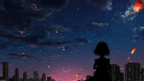 Anime, Original, City, Cloud, Girl, Night, Stars, HD wallpaper | Peakpx