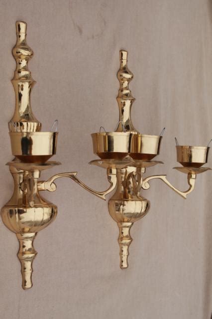 vintage polished brass candle sconces, wall sconce set w/ crackle glass ...