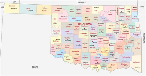 Oklahoma counties map showing counties, main cities, and neighboring ...