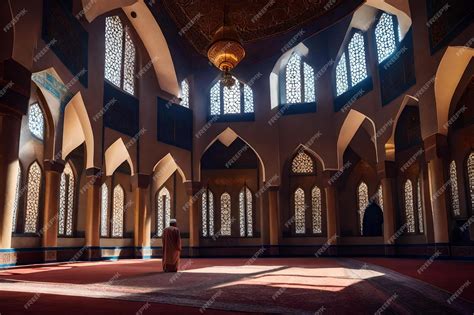 Premium AI Image | A man stands in a mosque with a prayer hall and a ...