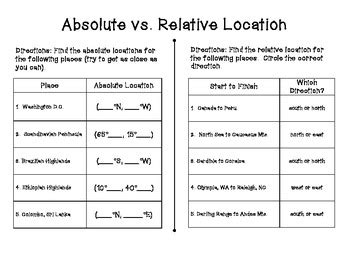 Absolute And Relative Location Worksheets