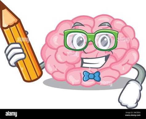 A brainy student human brain cartoon character with pencil and glasses ...