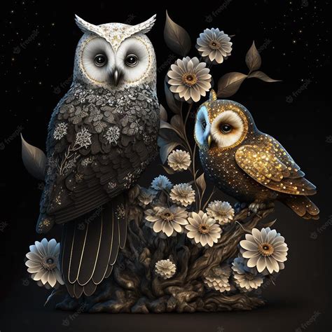 Premium Photo | A painting of two owls on a branch with flowers.