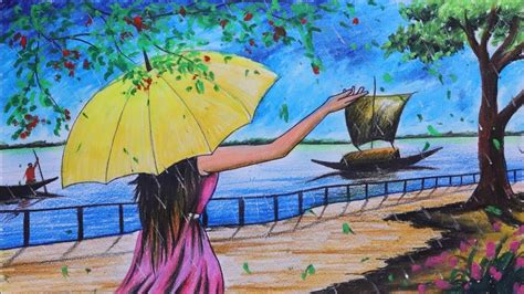 How to draw scenery/landscape of rainy season step by step with color ...