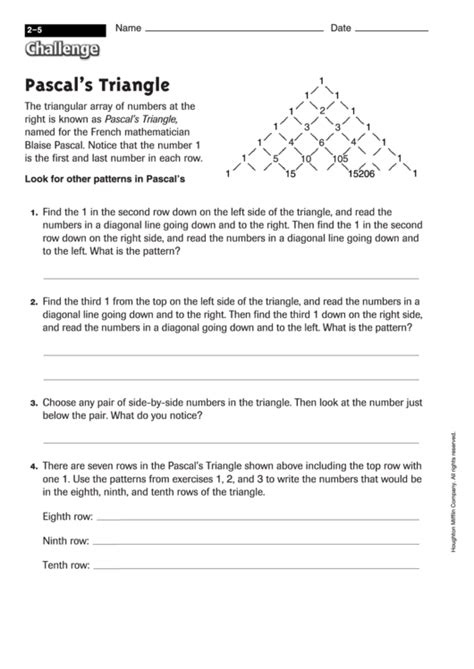 Pascal'S Triangle - Math Worksheet With Answers printable pdf download