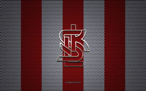 Download wallpapers LKS Lodz logo, Polish football club, metal emblem, red white metal mesh ...