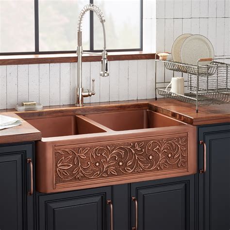 33" Vine Design 60/40 Offset Double-Bowl Copper Farmhouse Sink | Copper farmhouse sinks ...