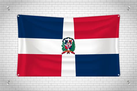 Dominican Republic flag hanging on brick wall. 3D drawing. Flag attached to the wall. Neatly ...