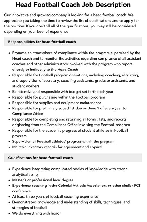 Head Football Coach Job Description | Velvet Jobs